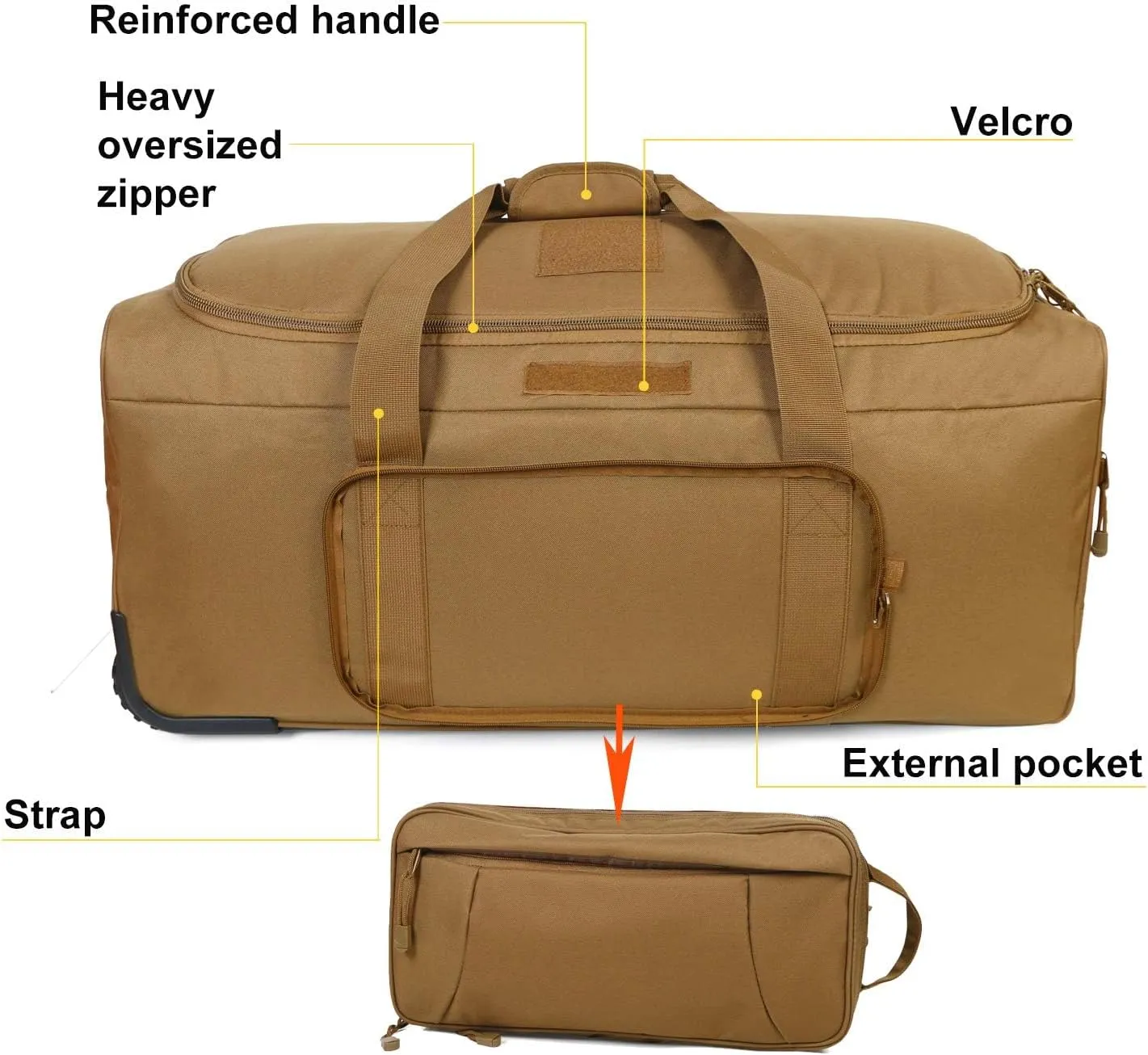 Military Wheeled Deployment Bag Large Tactical Heavy Duty Duffel Bag for Camping Hiking (Tan)