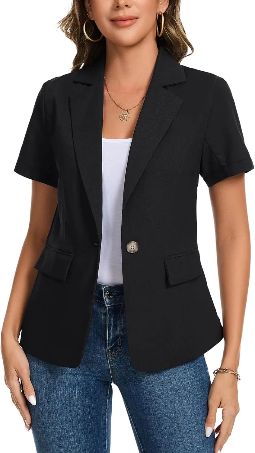 MINTLIMIT Women's Cotton Linen Blazer Jacket Short Sleeve Summer Casual Lightweight Button Lapel Blazers with Pockets