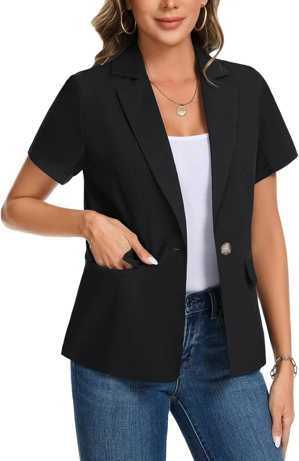 MINTLIMIT Women's Cotton Linen Blazer Jacket Short Sleeve Summer Casual Lightweight Button Lapel Blazers with Pockets