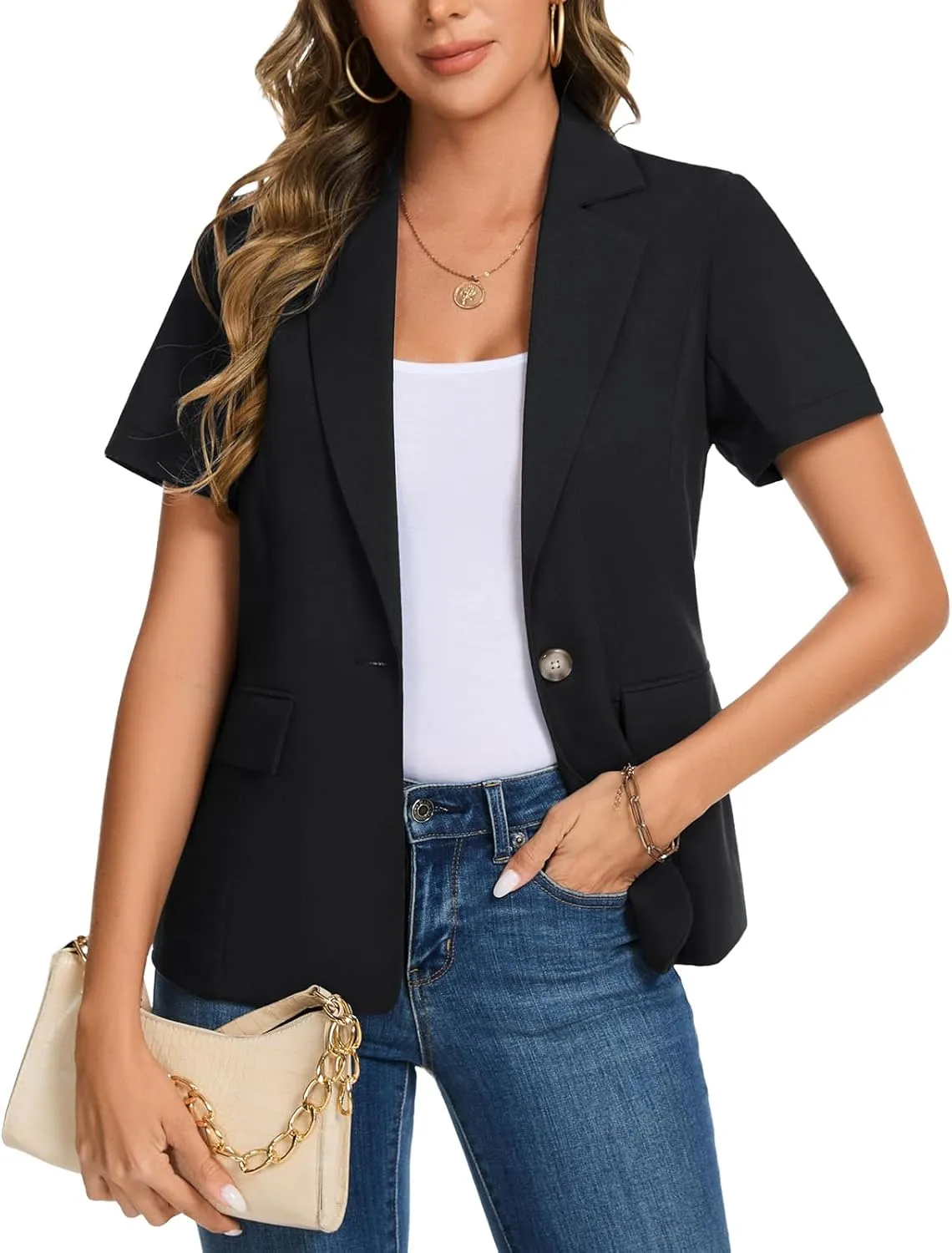 MINTLIMIT Women's Cotton Linen Blazer Jacket Short Sleeve Summer Casual Lightweight Button Lapel Blazers with Pockets