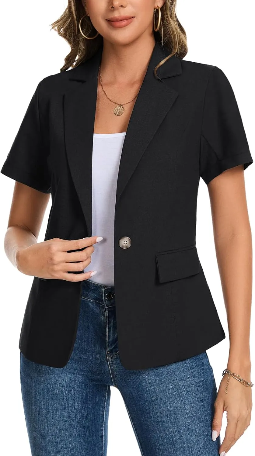 MINTLIMIT Women's Cotton Linen Blazer Jacket Short Sleeve Summer Casual Lightweight Button Lapel Blazers with Pockets