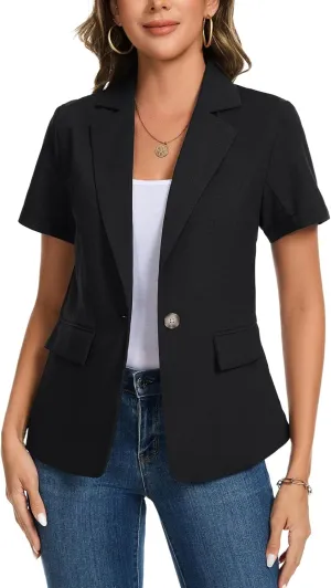 MINTLIMIT Women's Cotton Linen Blazer Jacket Short Sleeve Summer Casual Lightweight Button Lapel Blazers with Pockets
