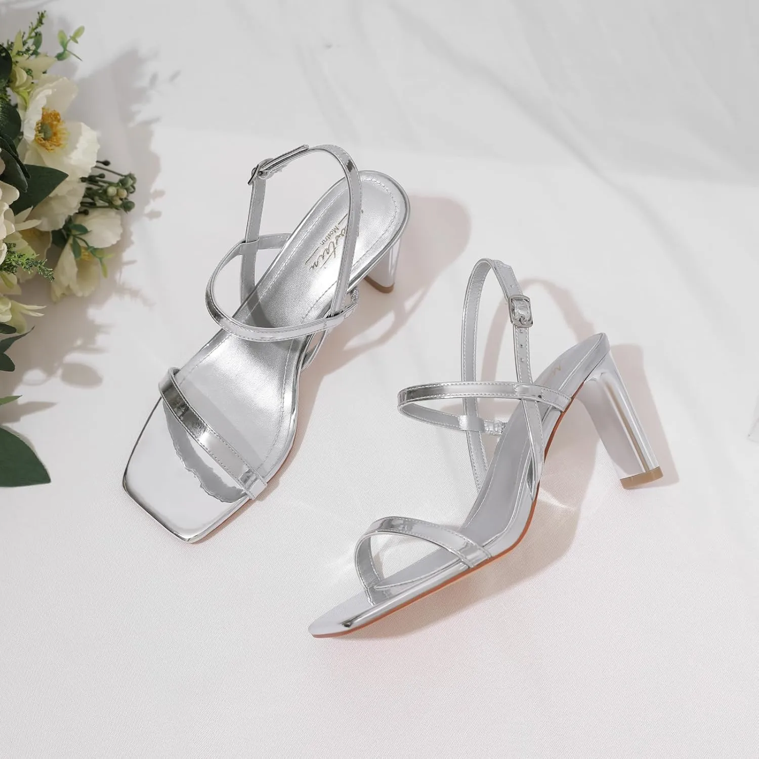 Mostrin Heels for Women Strappy Sandals Square Open Toe High Heel Sandals Ankle Strap Stiletto Heels for Party Wedding