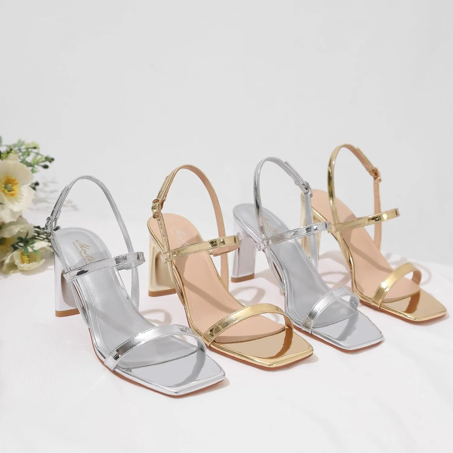 Mostrin Heels for Women Strappy Sandals Square Open Toe High Heel Sandals Ankle Strap Stiletto Heels for Party Wedding