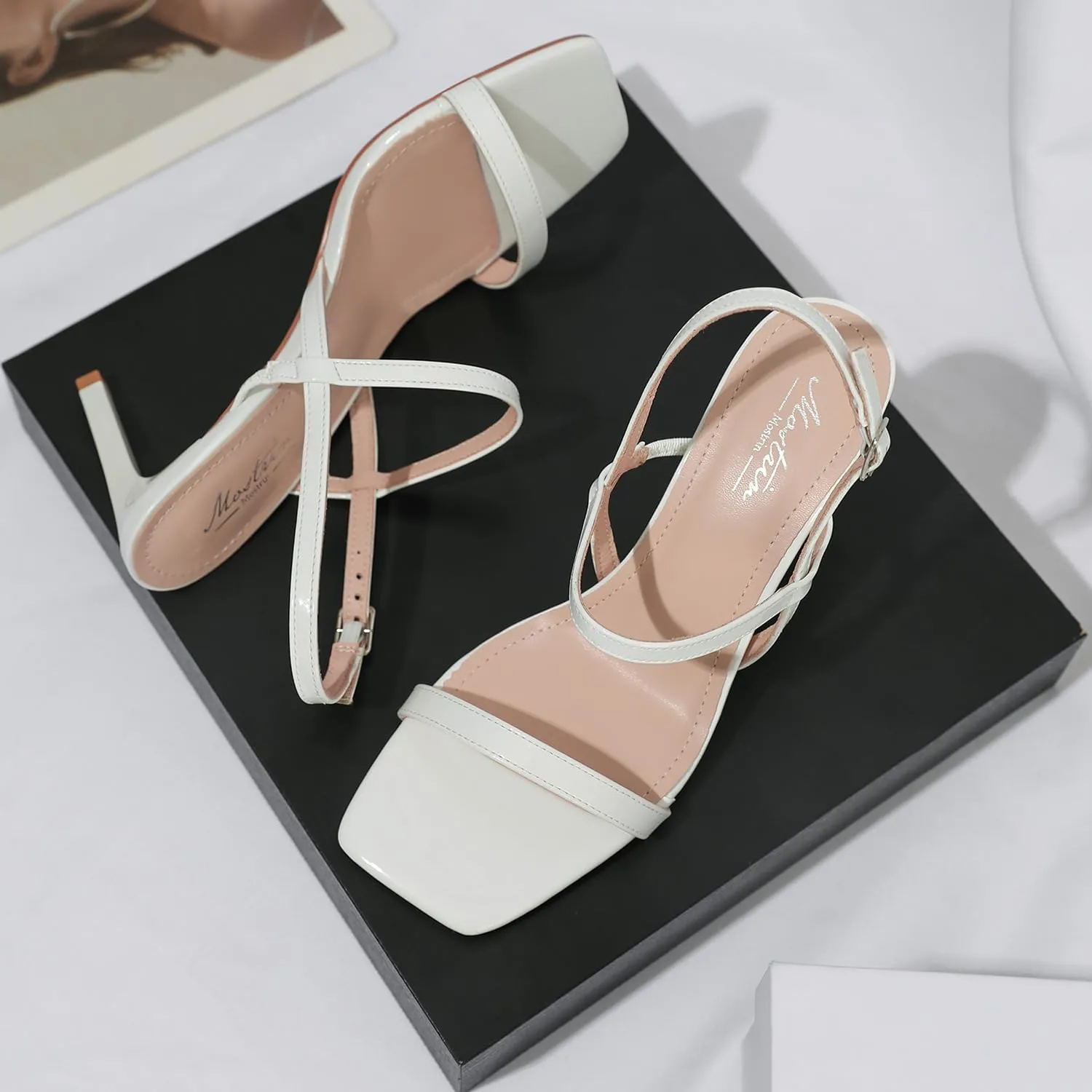 Mostrin Heels for Women Strappy Sandals Square Open Toe High Heel Sandals Ankle Strap Stiletto Heels for Party Wedding