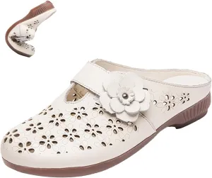 MOYOWEI Women's Leather Closed Toe Mules,Comfort Cutout Arch Support Softsole Slip-On Casual Loafers Slides Backless Shoes