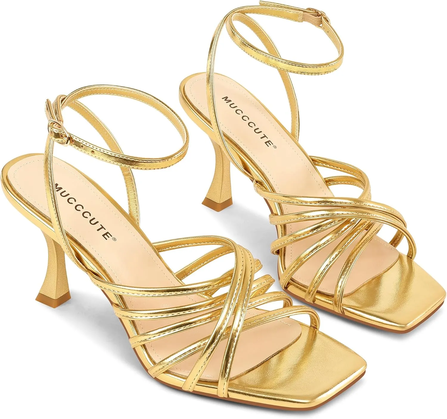 MUCCCUTE Heels for Women Square Open Toe Heeled Sandals Strappy Heels Ankle Strap Comfort Weddings Dressy Prom Shoes