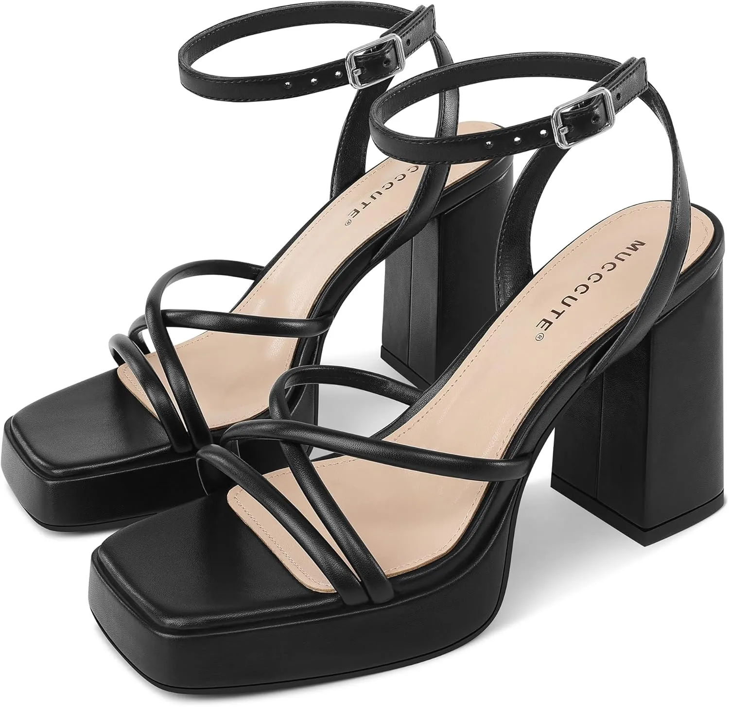 MUCCCUTE Platform Heels for Women Strappy Chunky Heeled Sandals Square Open Toe Ankle Strap Comfortable Wedding Party Evening Prom Dress Shoes