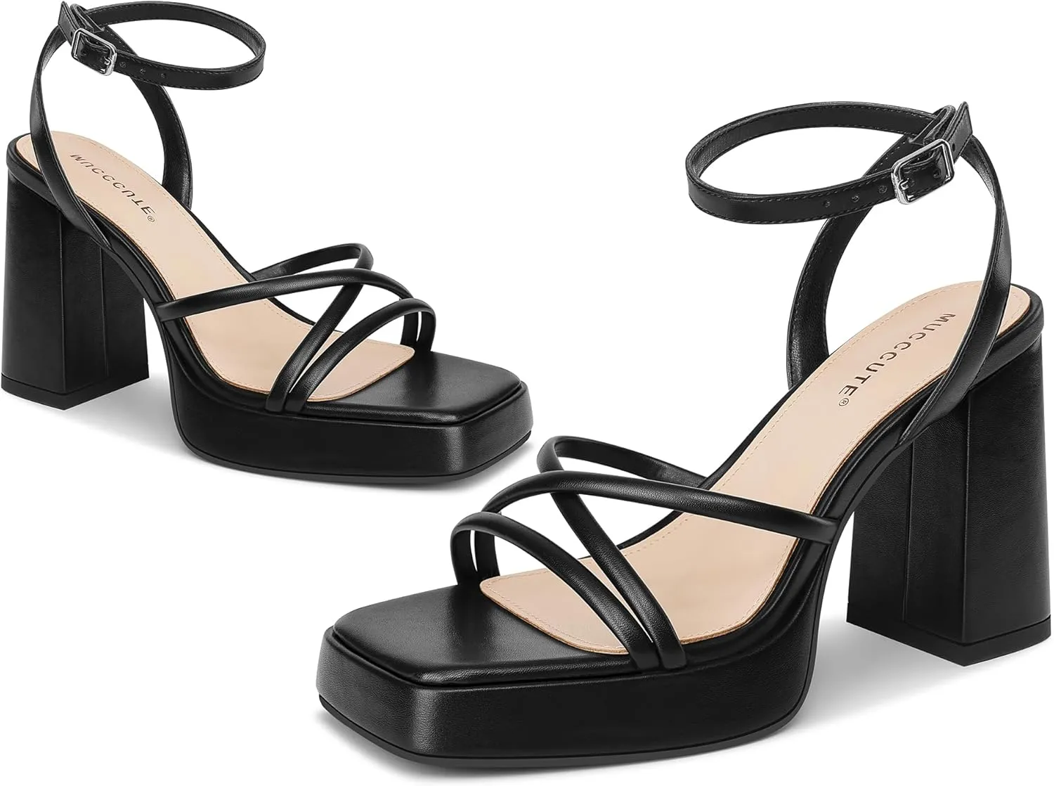 MUCCCUTE Platform Heels for Women Strappy Chunky Heeled Sandals Square Open Toe Ankle Strap Comfortable Wedding Party Evening Prom Dress Shoes