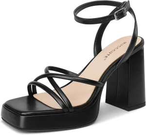 MUCCCUTE Platform Heels for Women Strappy Chunky Heeled Sandals Square Open Toe Ankle Strap Comfortable Wedding Party Evening Prom Dress Shoes