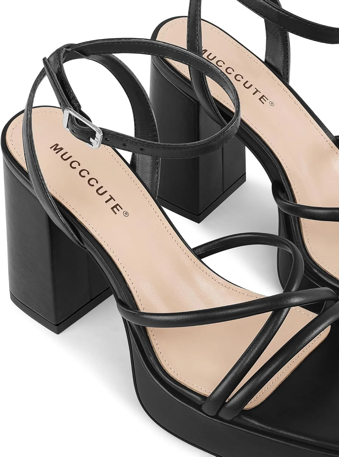 MUCCCUTE Platform Heels for Women Strappy Chunky Heeled Sandals Square Open Toe Ankle Strap Comfortable Wedding Party Evening Prom Dress Shoes