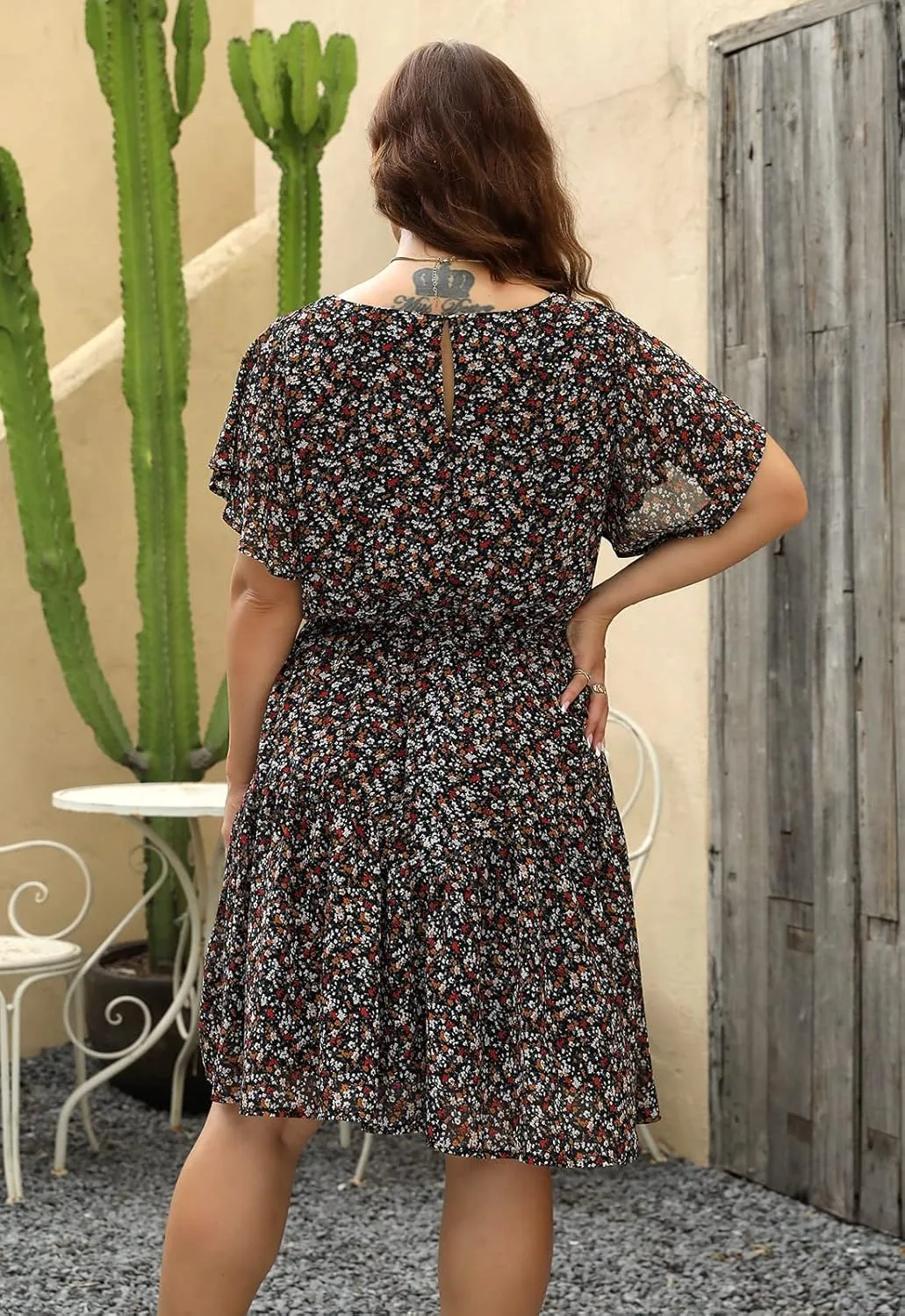 Nemidor Plus Size Summer Dresses for Curvy Women Casual Boho Midi Chiffon Print Floral Dress with Ruffle Sleeve 14-26