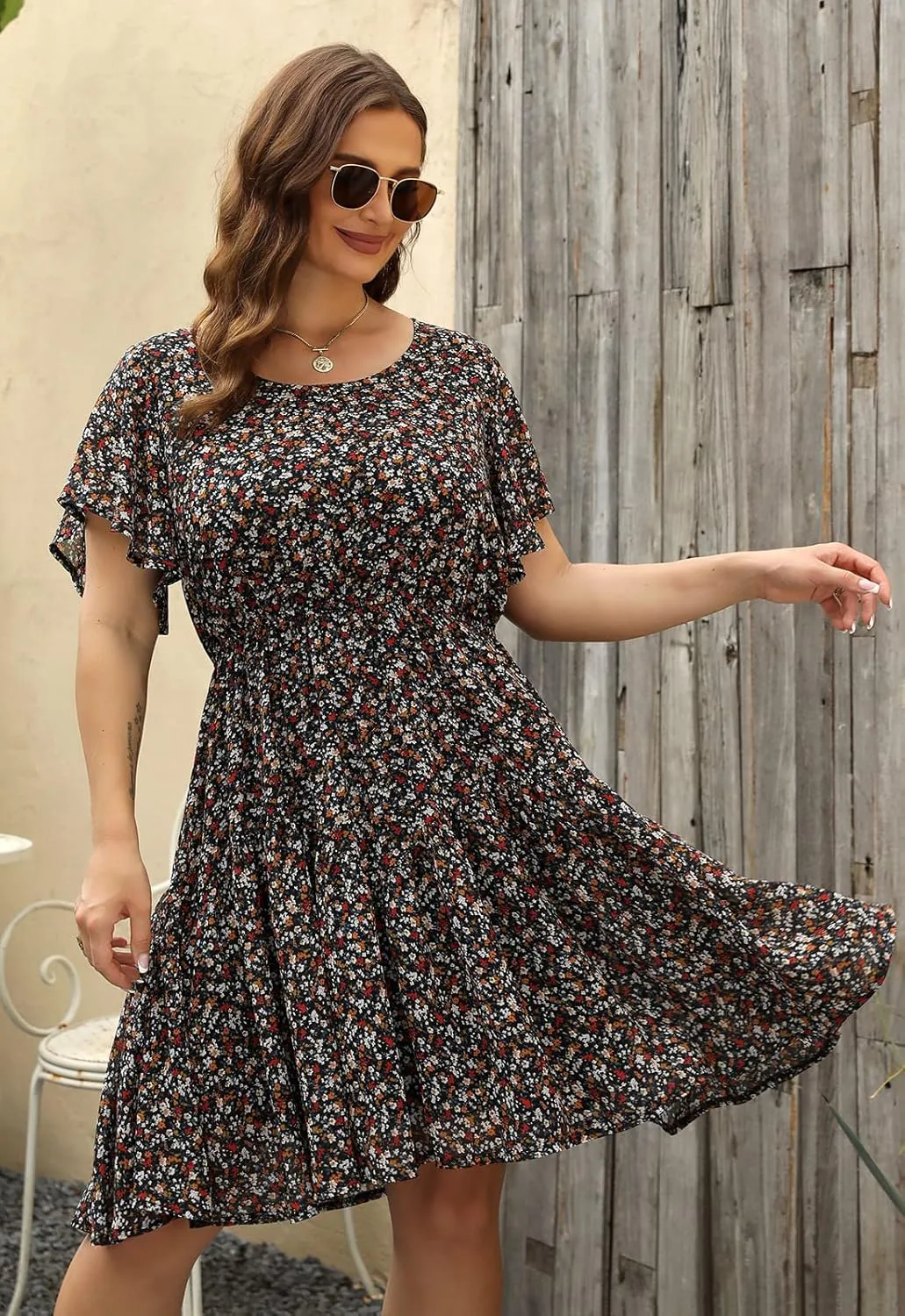 Nemidor Plus Size Summer Dresses for Curvy Women Casual Boho Midi Chiffon Print Floral Dress with Ruffle Sleeve 14-26
