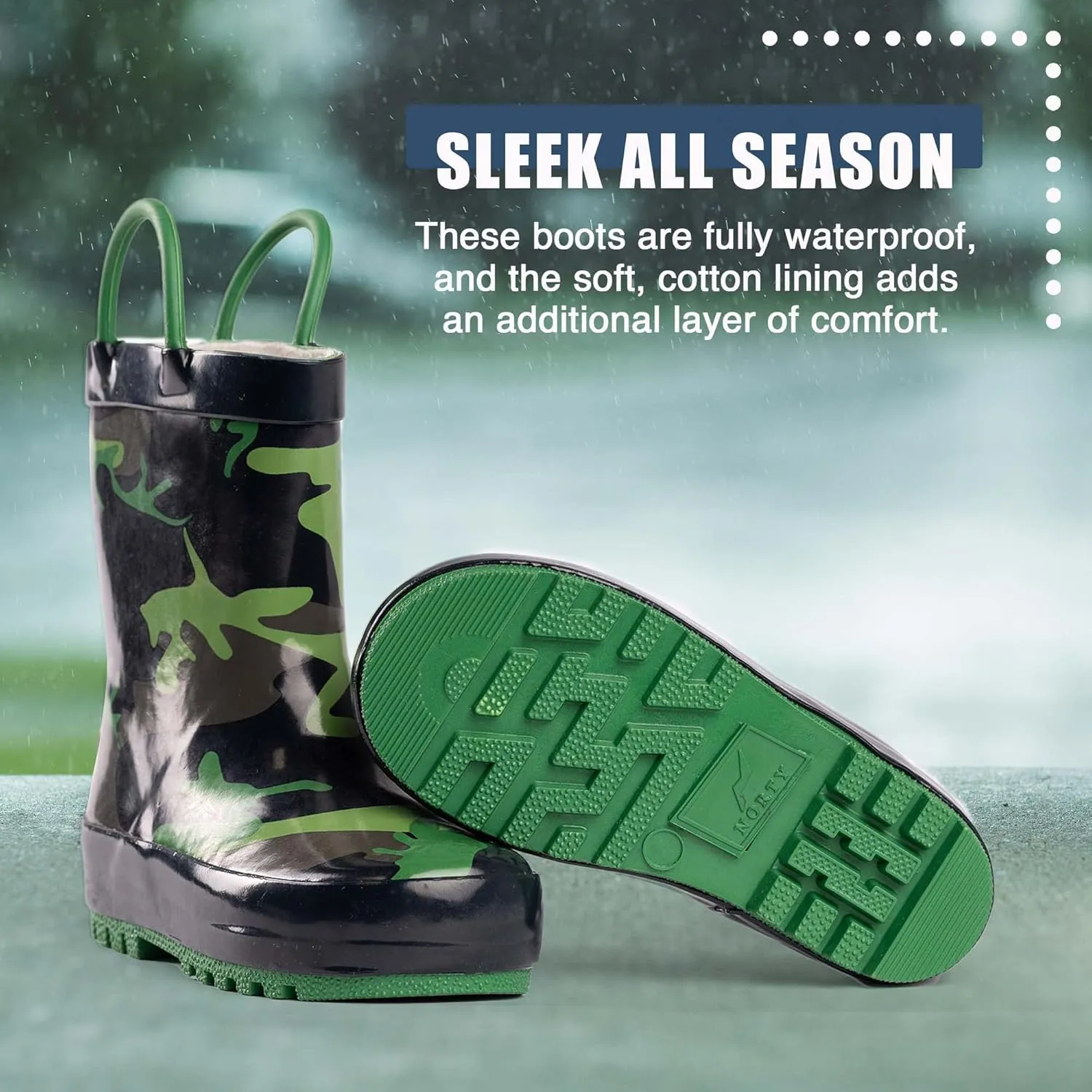 NORTY Rubber Rain Boots for Kids - Waterproof Rubber Boots Boys and Girls Solid & Printed Rainboots for Toddlers and Kids