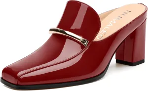 NUMALEO Womens Mules Chunky Block Heel Loafers Slip On Heeled Mules Closed Square Toe Heels Mules for Women Comfortable Dressy Backless Loafers Shoes for Office Work Casual