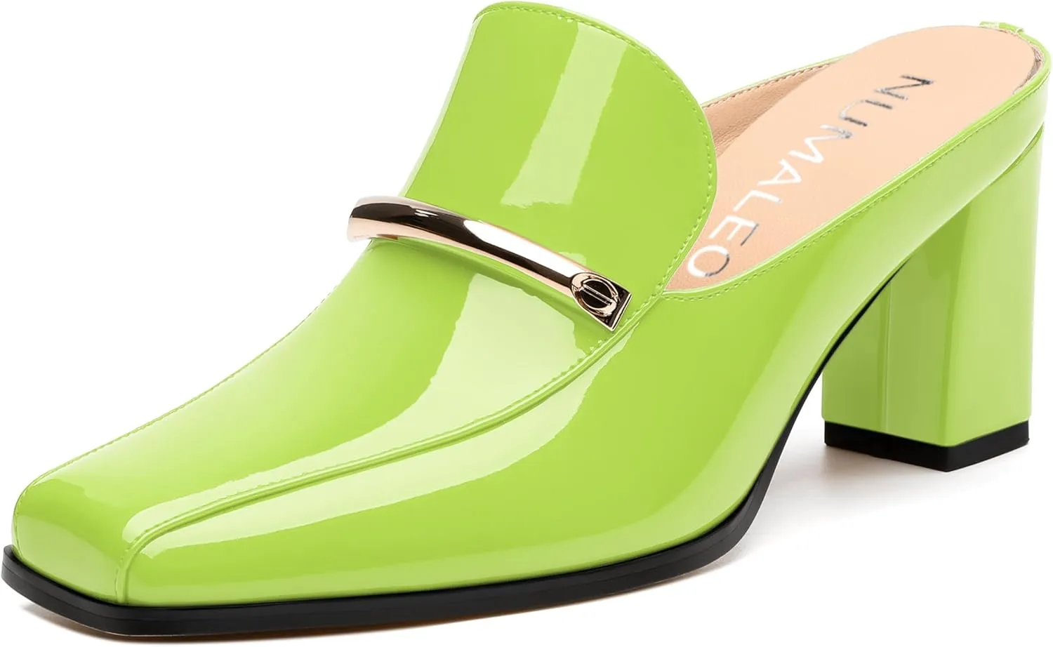 NUMALEO Womens Mules Chunky Block Heel Loafers Slip On Heeled Mules Closed Square Toe Heels Mules for Women Comfortable Dressy Backless Loafers Shoes for Office Work Casual