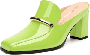 NUMALEO Womens Mules Chunky Block Heel Loafers Slip On Heeled Mules Closed Square Toe Heels Mules for Women Comfortable Dressy Backless Loafers Shoes for Office Work Casual