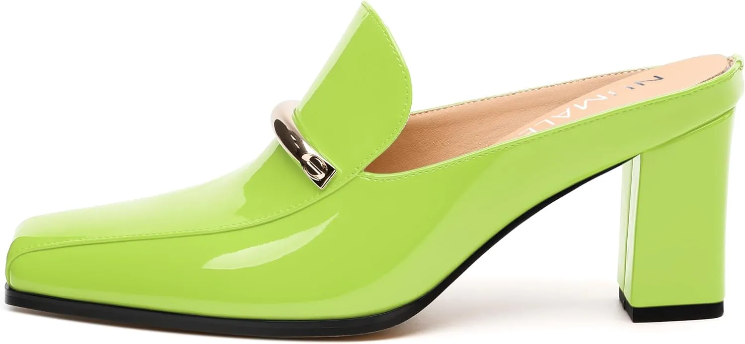 NUMALEO Womens Mules Chunky Block Heel Loafers Slip On Heeled Mules Closed Square Toe Heels Mules for Women Comfortable Dressy Backless Loafers Shoes for Office Work Casual