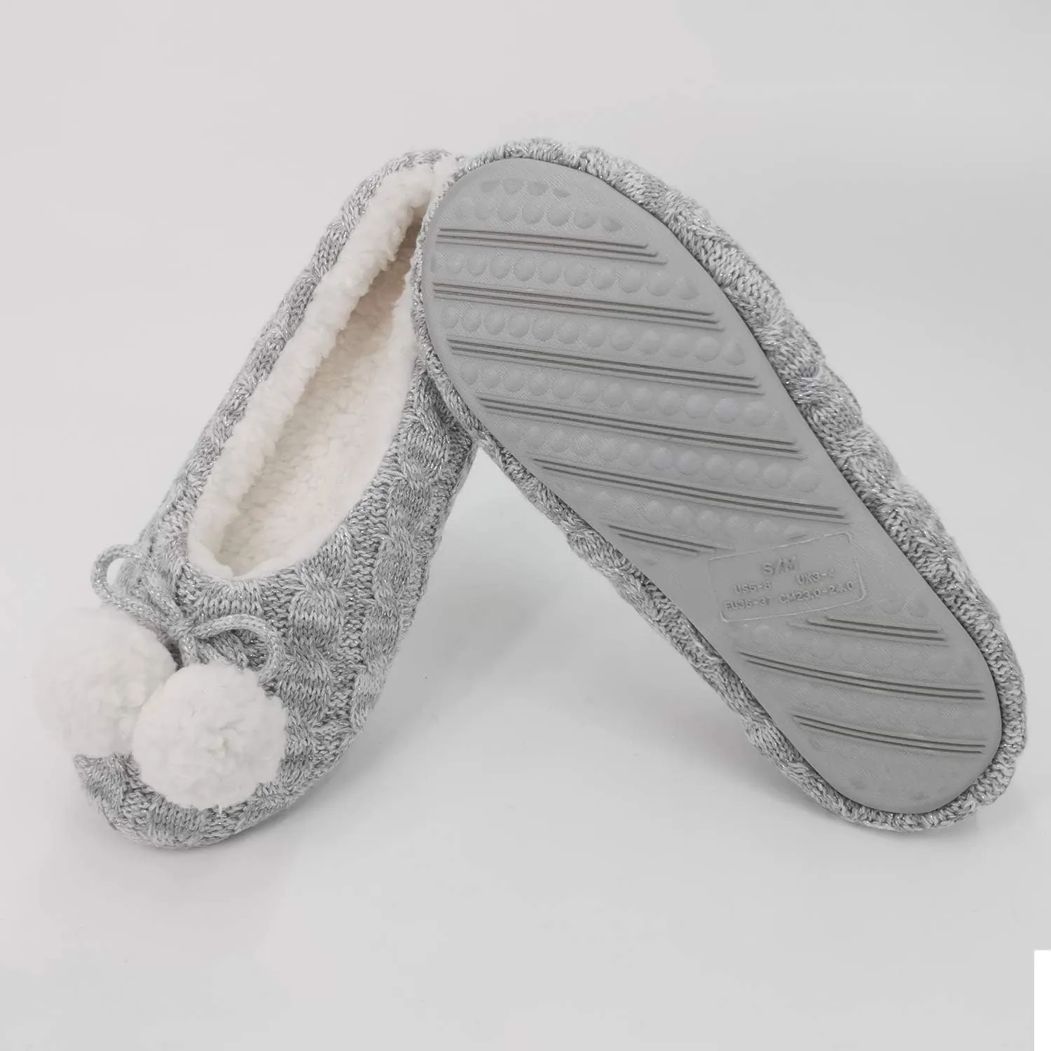 ofoot Womens Indoor Warm Knit House Shoes,Ballerina Slipper Socks,Washable Ballet Style Flats,Soft Soled Non Slip Rubber Bottom with Grips
