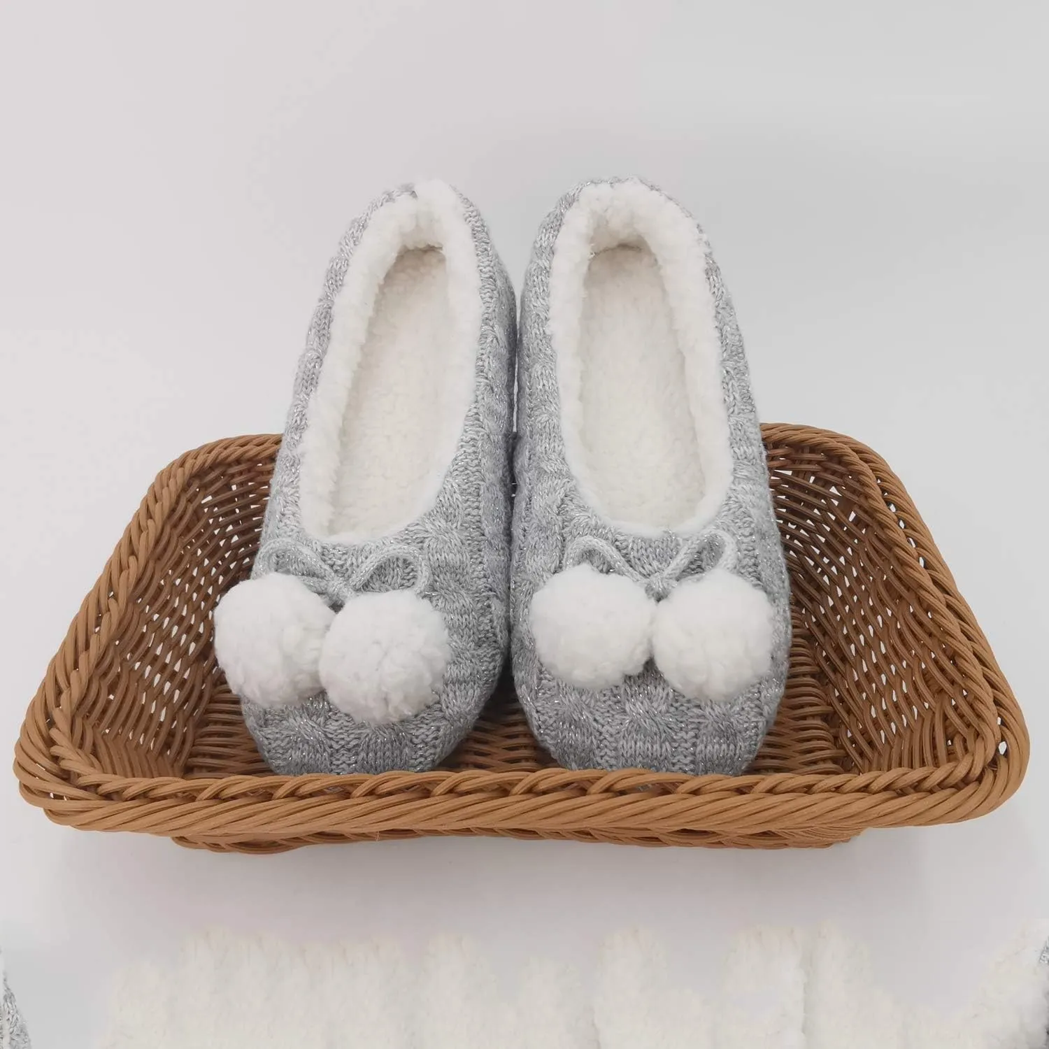 ofoot Womens Indoor Warm Knit House Shoes,Ballerina Slipper Socks,Washable Ballet Style Flats,Soft Soled Non Slip Rubber Bottom with Grips