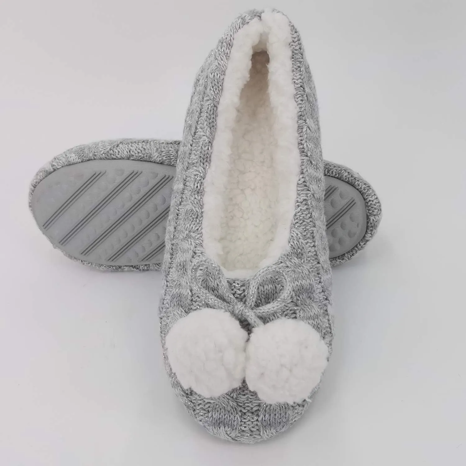 ofoot Womens Indoor Warm Knit House Shoes,Ballerina Slipper Socks,Washable Ballet Style Flats,Soft Soled Non Slip Rubber Bottom with Grips