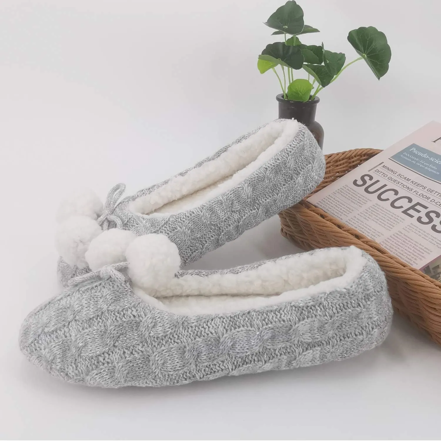 ofoot Womens Indoor Warm Knit House Shoes,Ballerina Slipper Socks,Washable Ballet Style Flats,Soft Soled Non Slip Rubber Bottom with Grips