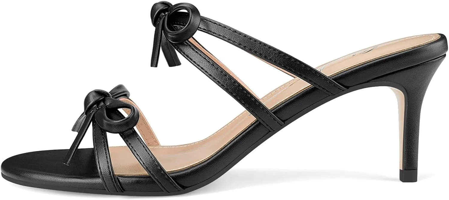 Oh Mispares Black Heels with Bow for Women Cute Sandals Round Open Toe Strappy Heeled Mules 2 Inch Elegant Heeled Stiletto Slides for Wedding Party Prom