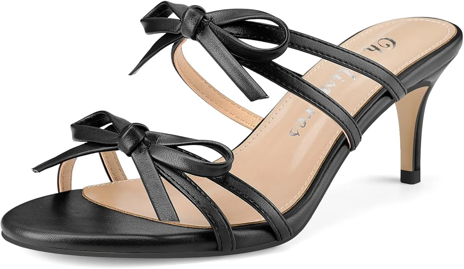 Oh Mispares Black Heels with Bow for Women Cute Sandals Round Open Toe Strappy Heeled Mules 2 Inch Elegant Heeled Stiletto Slides for Wedding Party Prom