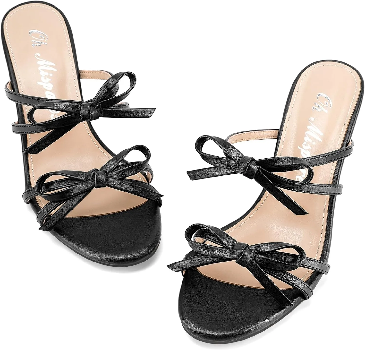 Oh Mispares Black Heels with Bow for Women Cute Sandals Round Open Toe Strappy Heeled Mules 2 Inch Elegant Heeled Stiletto Slides for Wedding Party Prom