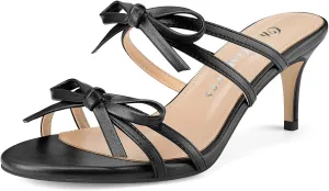 Oh Mispares Black Heels with Bow for Women Cute Sandals Round Open Toe Strappy Heeled Mules 2 Inch Elegant Heeled Stiletto Slides for Wedding Party Prom