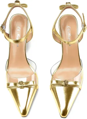 Oh Mispares Women’s Heeled Sandals Wedge Heel Slingback Heels Pointed Closed Toe Transparent Bow Ankle Strap Wedding Bridal Prom Dress Pump Shoes