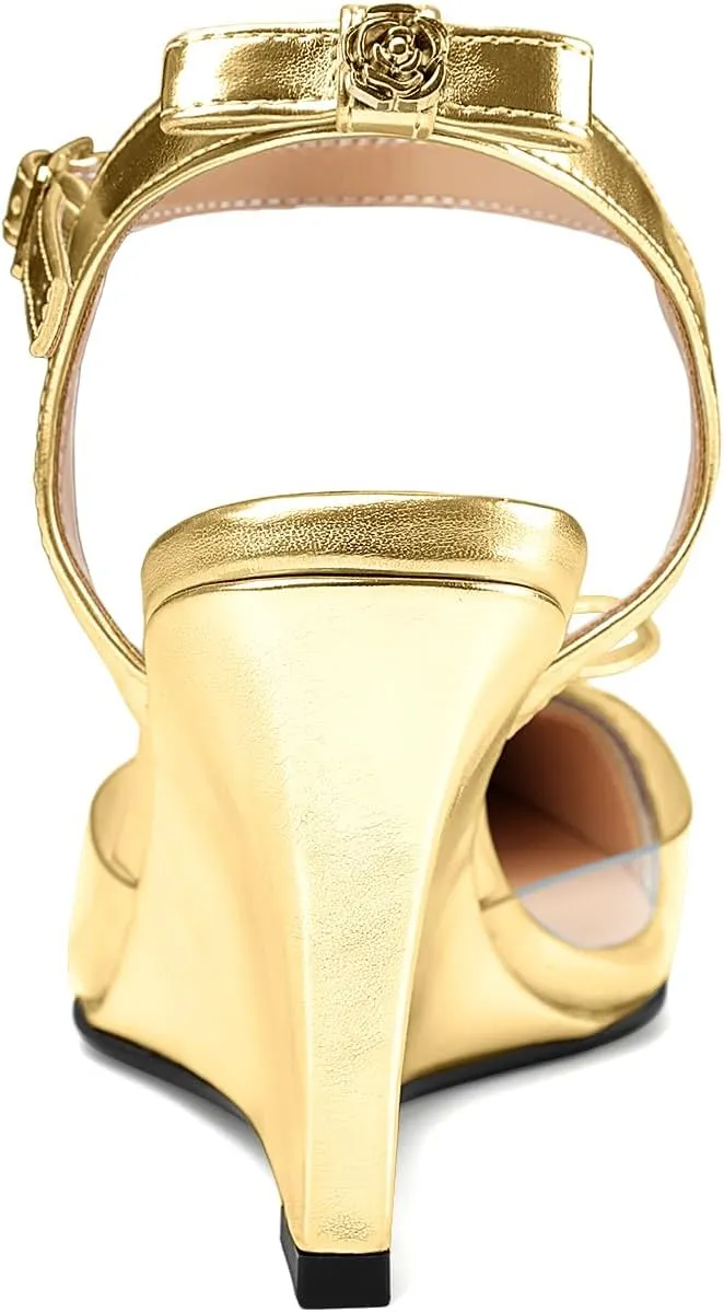 Oh Mispares Women’s Heeled Sandals Wedge Heel Slingback Heels Pointed Closed Toe Transparent Bow Ankle Strap Wedding Bridal Prom Dress Pump Shoes