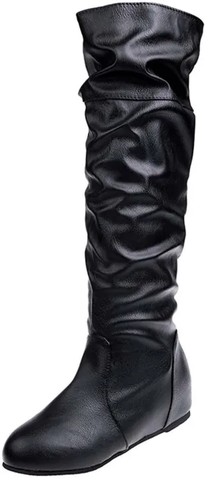 oiangi Women Knee High Flat Boots 2022 Winter Vintage Round Toe Pleated Slip on Motorcycle Boots Solid Retro Casual Comfy Outdoor Ladies Shoes
