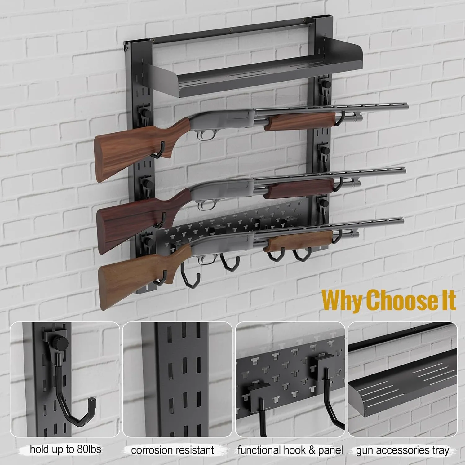 OneTigris Gun Rack Wall Mount,Indoor Gun Rack for Wall with Shelf Horizontal and 1 Removable Gun Accessories Tray
