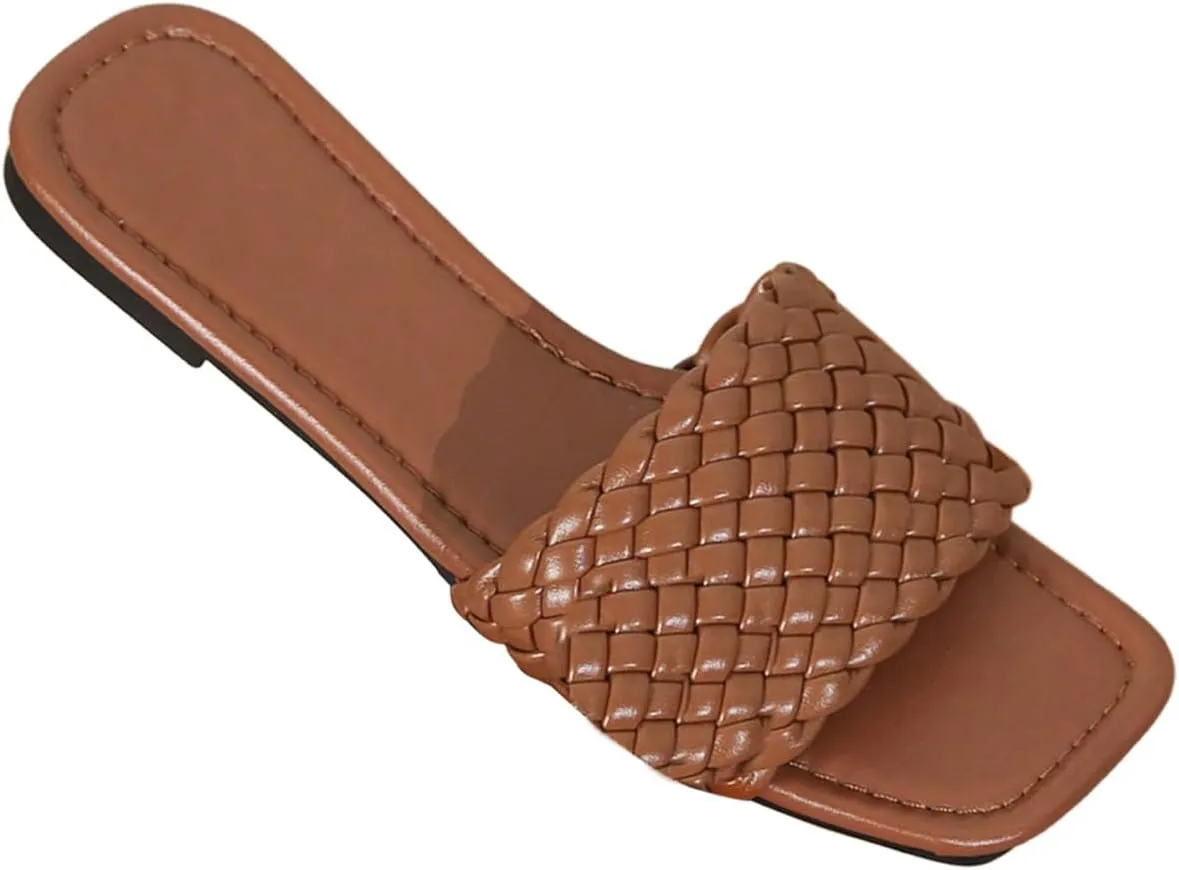 OYOANGLE Women's Braided Single Band Square Open Toe Slide Sandals Summer Vacation Flats Beach Shoes