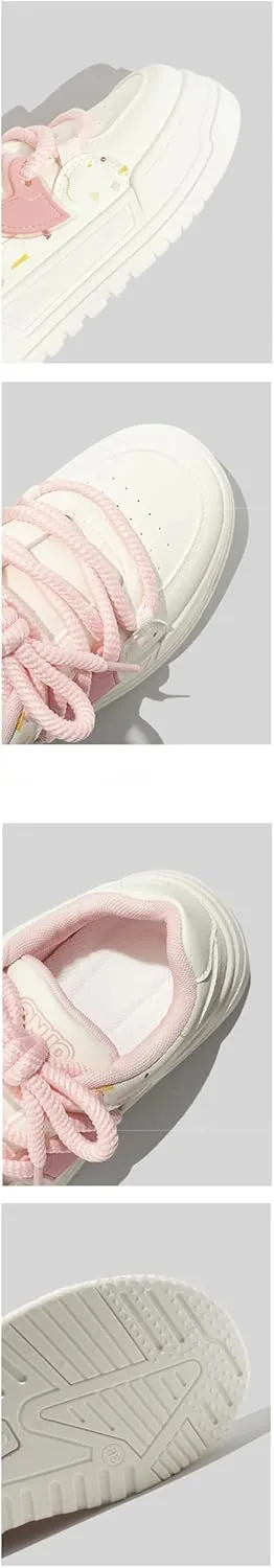 Pink Rope Lace Chunky Sneakers for Women & Girls - Y2K Retro Low-Top Platform Cute Shoes with Heart Charms, Comfy Orthopedic Thick Sole Casual Streetwear for Back to School, Beach Travel, Hiking