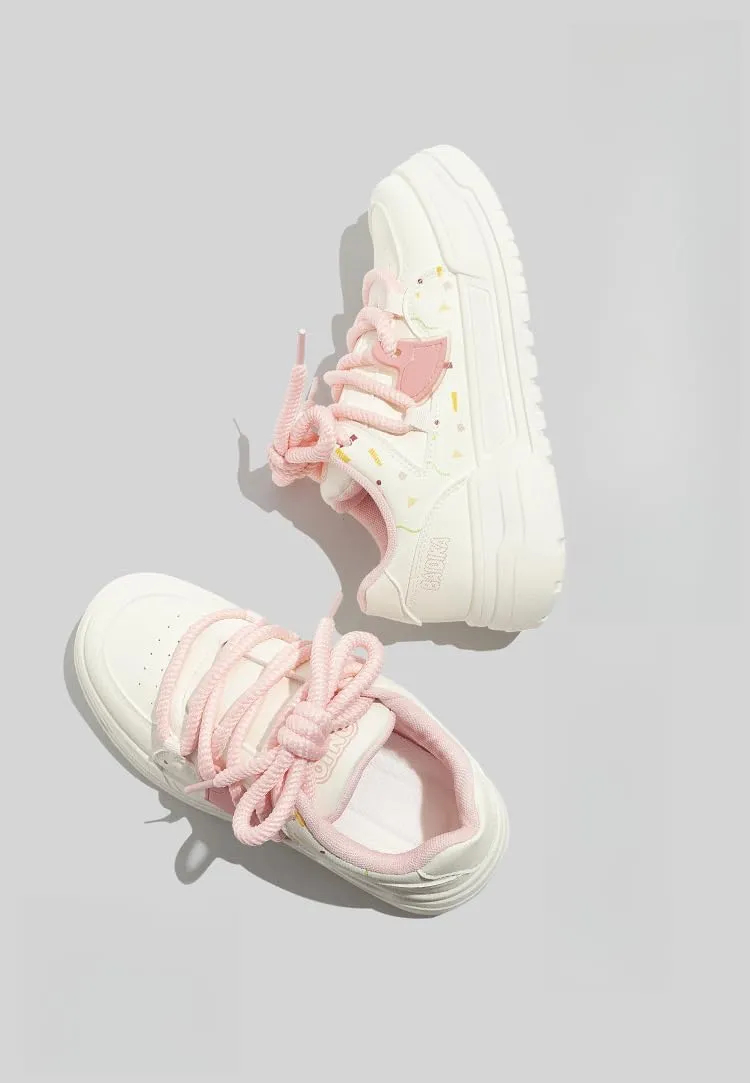 Pink Rope Lace Chunky Sneakers for Women & Girls - Y2K Retro Low-Top Platform Cute Shoes with Heart Charms, Comfy Orthopedic Thick Sole Casual Streetwear for Back to School, Beach Travel, Hiking