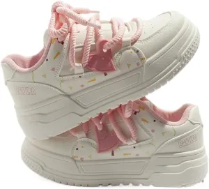 Pink Rope Lace Chunky Sneakers for Women & Girls - Y2K Retro Low-Top Platform Cute Shoes with Heart Charms, Comfy Orthopedic Thick Sole Casual Streetwear for Back to School, Beach Travel, Hiking