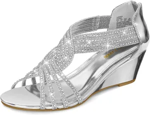 PIZZ ANNU Women's Diana Low Wedge Sandals Sparkly Rhinestone Open Toe Fashion Dress Shoes for Woman Lady in Bridal Dance Evening