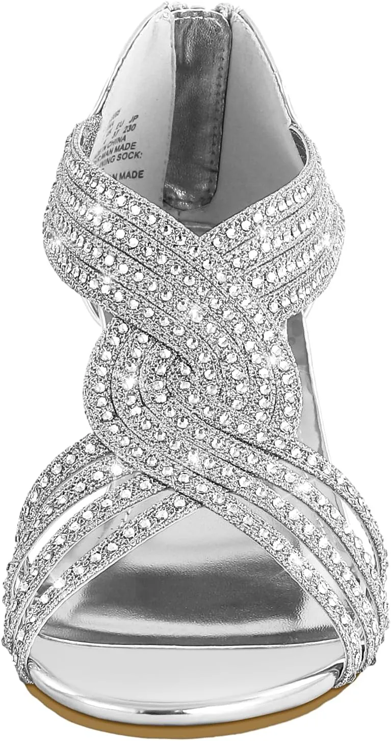 PIZZ ANNU Women's Diana Low Wedge Sandals Sparkly Rhinestone Open Toe Fashion Dress Shoes for Woman Lady in Bridal Dance Evening