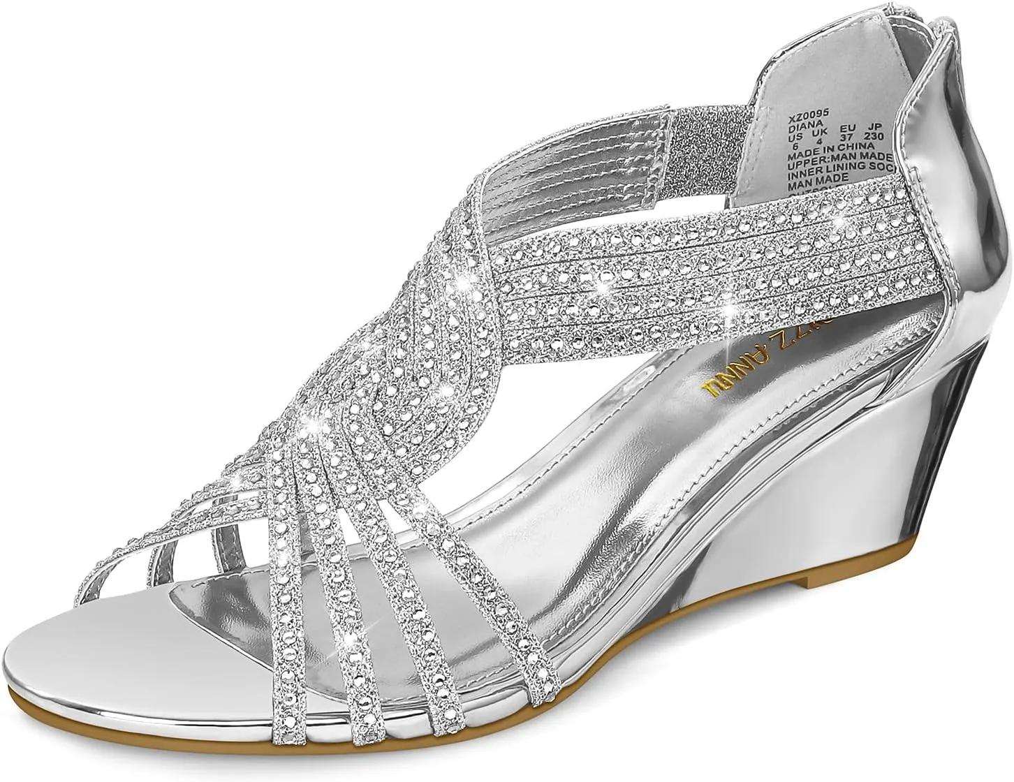 PIZZ ANNU Women's Diana Low Wedge Sandals Sparkly Rhinestone Open Toe Fashion Dress Shoes for Woman Lady in Bridal Dance Evening