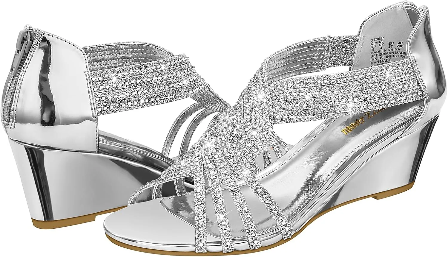 PIZZ ANNU Women's Diana Low Wedge Sandals Sparkly Rhinestone Open Toe Fashion Dress Shoes for Woman Lady in Bridal Dance Evening