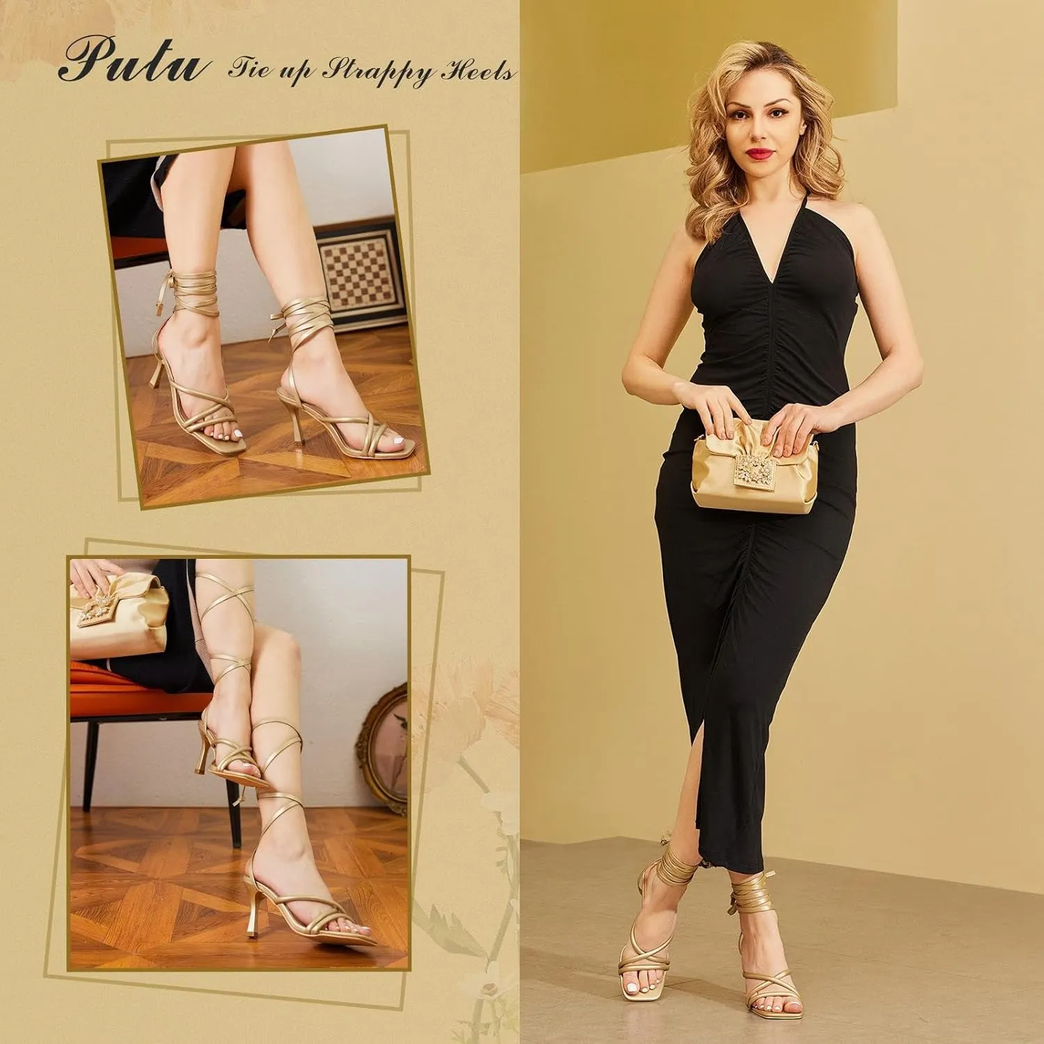 Putu Strappy Heels for Women Tie up Stiletto Heels Square Open Toe Sandals for Wedding,Party,Prom