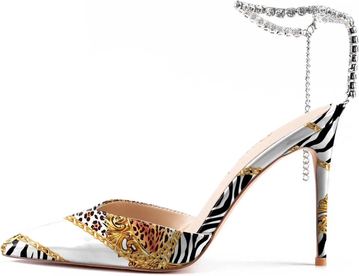 Reindee Lusion Womens Strappy High Stiletto Pearl Heels Rinestone Jewel Printed Closed Toe Sexy Ankle Strap Sandals Pumps Shoes