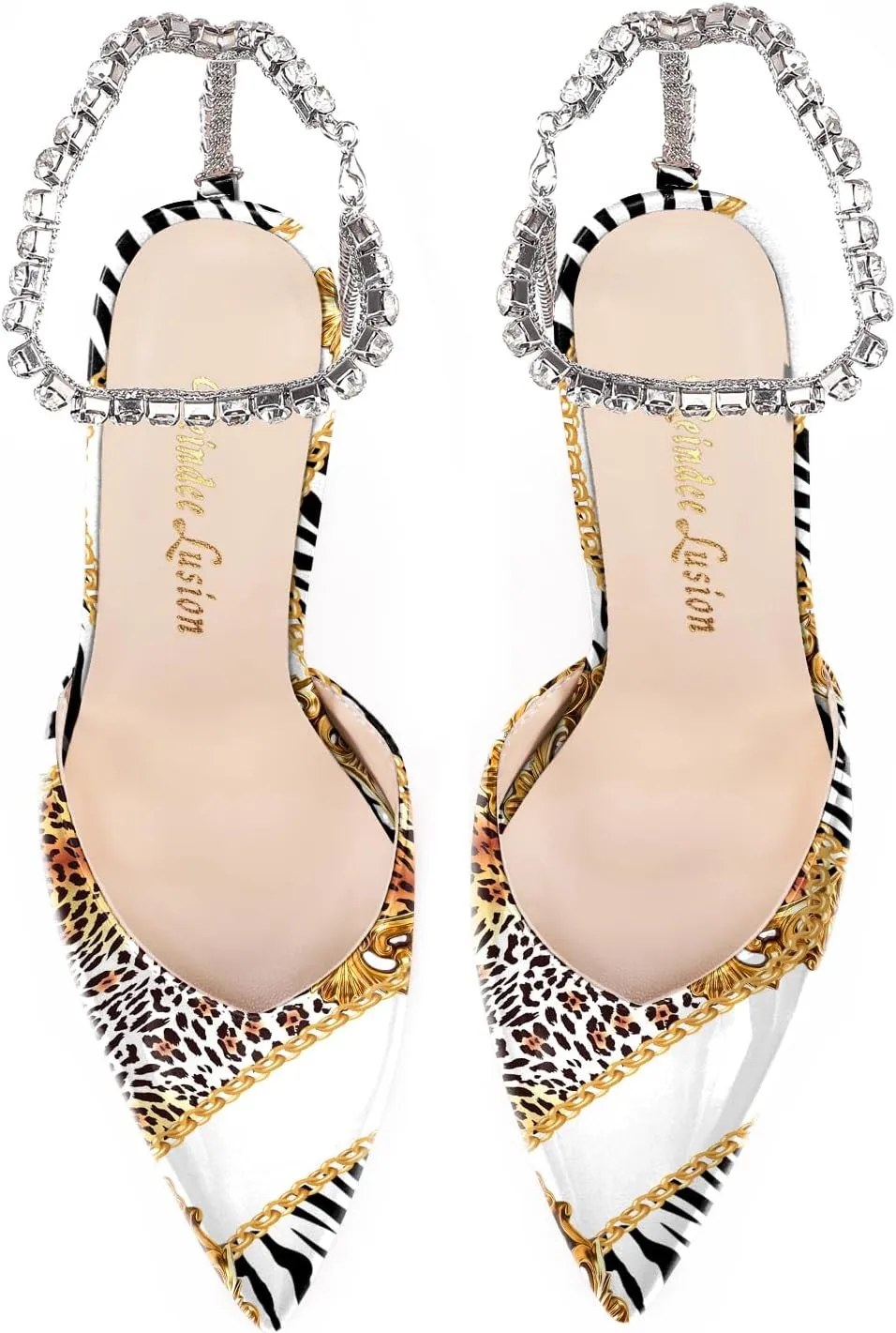 Reindee Lusion Womens Strappy High Stiletto Pearl Heels Rinestone Jewel Printed Closed Toe Sexy Ankle Strap Sandals Pumps Shoes