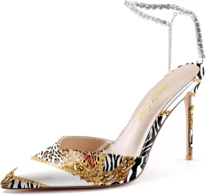 Reindee Lusion Womens Strappy High Stiletto Pearl Heels Rinestone Jewel Printed Closed Toe Sexy Ankle Strap Sandals Pumps Shoes