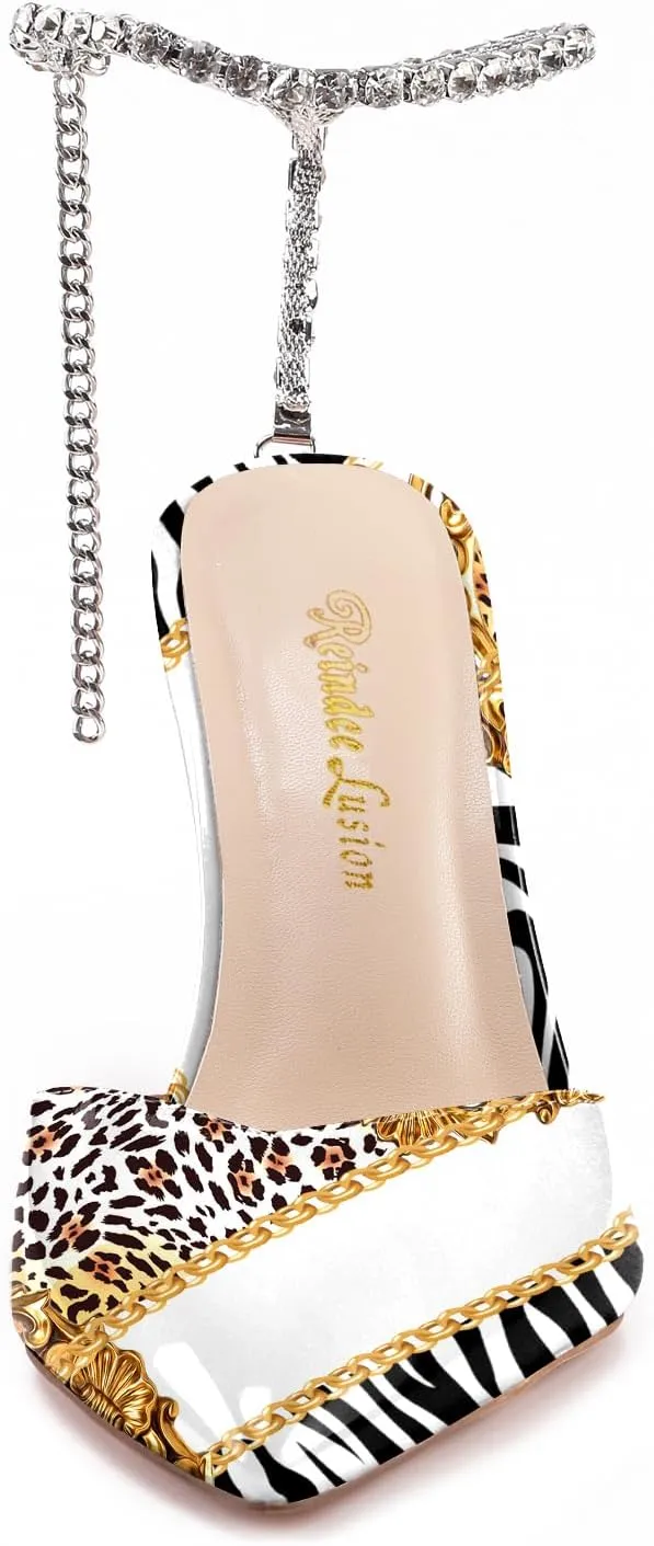 Reindee Lusion Womens Strappy High Stiletto Pearl Heels Rinestone Jewel Printed Closed Toe Sexy Ankle Strap Sandals Pumps Shoes