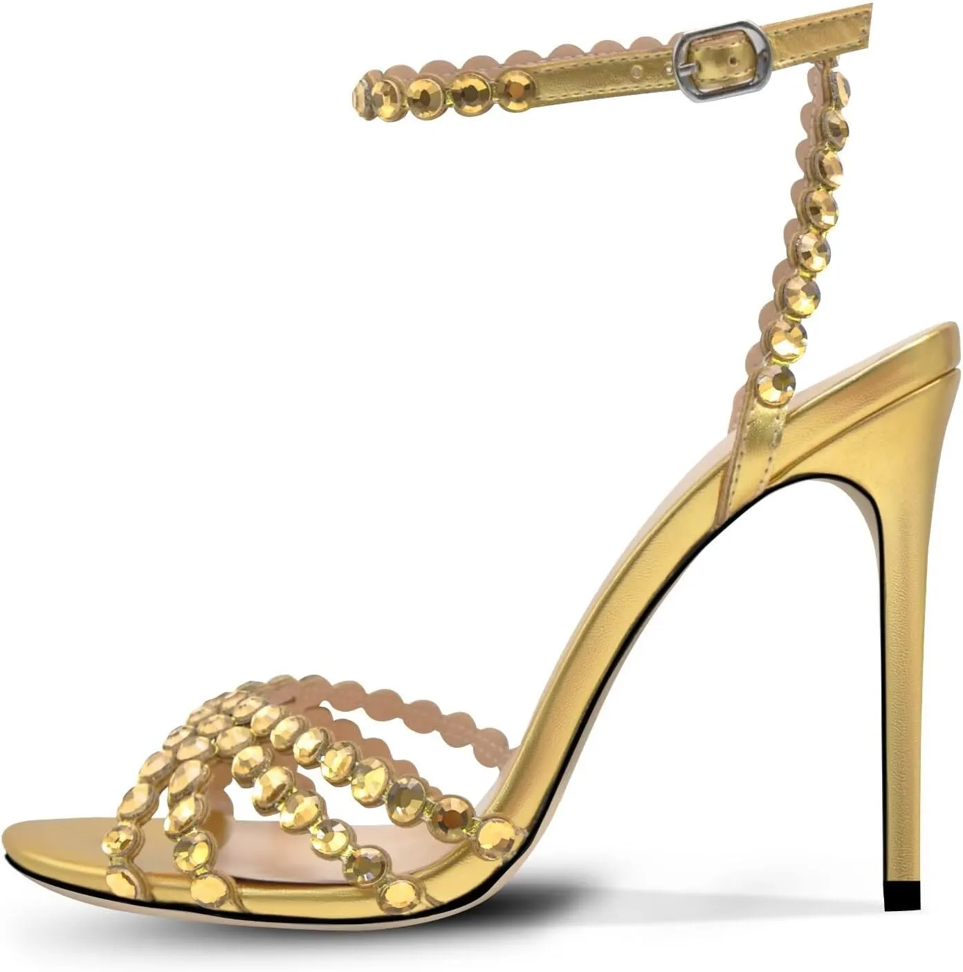 Rhinestone High Heels Stiletos Heels for Women Strappy Buckle Heels Round Toe Sexy Dressy Pumps Sandals
