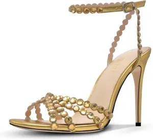 Rhinestone High Heels Stiletos Heels for Women Strappy Buckle Heels Round Toe Sexy Dressy Pumps Sandals