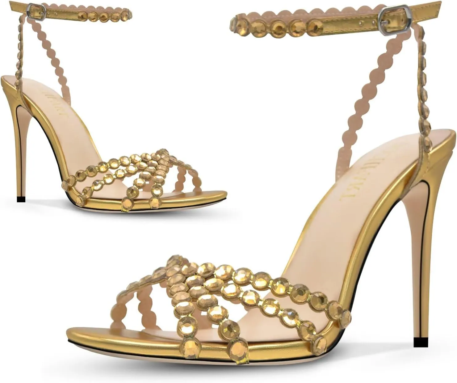 Rhinestone High Heels Stiletos Heels for Women Strappy Buckle Heels Round Toe Sexy Dressy Pumps Sandals